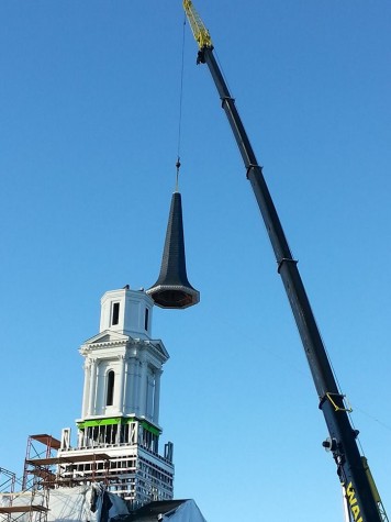 Top of the temple--Nearing completion, the angel Moroni along with other structural aspects are added to the Hartford Connecticut (Mormon) temple. The construction looks to be fully completed by Fall of 2016. 