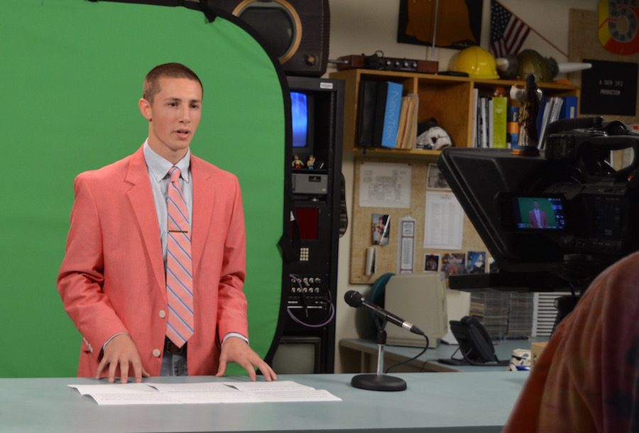 Winning the ballot-- Junior Kevin Dunst delivers his speech live on the 9:05 News for Executive President for the 2016-17 school year. Dunst took the win, attributing his win to the several meaningful relationships he has built over the past few years.