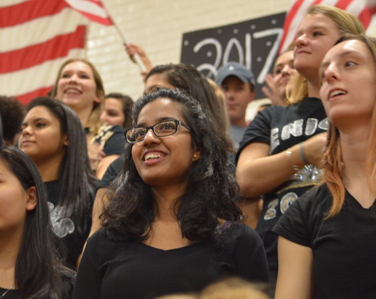  Senior smiles----senior Soumee Kar and the rest of the senior class laugh and smile during their last pep rally while watching the teachers perform their “Thriller” dance routine. 
