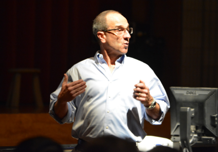 Advocating for change-- Psychology and sociology teacher Mike Baxer speaks to freshmen about the dangers of bullying. Freshmen listened to it as a part of a special programming while sophomores and juniors took the Preliminary Scholastic Aptitude Test (PSATs).