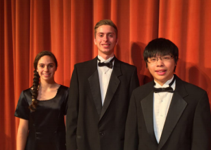 Suit up-- Seniors Navva Sedigh (left), Thomas Heath-Ringrose (center) and sophomore
Tristan Wong (right) getting ready for their performance in Texas on November
13 as participants of the All Nationals choir. All three musicians were looking forward
towards their All States and Northern Regionals performances.
