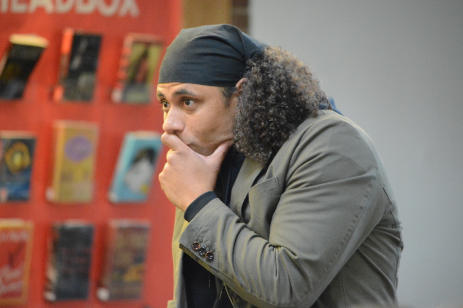 Finger snaps-- Manchester-based poet Ryan Parker spoke to students about the importance of using spoken poetry in the classroom as a means for creative expression. Parker kicked off the first annual LIT fest that began November 1 in the library and will continue through November 3.