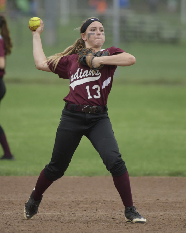 Aim and fire-- Junior captain Carolyn Piera winds up for a throw to first base. The Indians beat Saint Paul
Catholic High School by one run on May 18.
