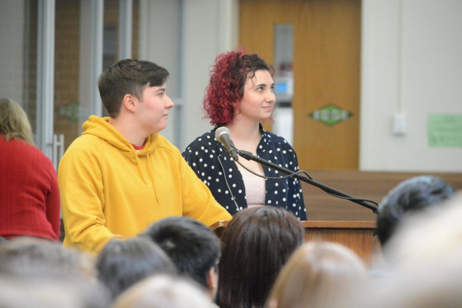 Speaking out-- Juniors Ricky Davis and Emily Byrne give a presentation about gender and sexuality. Social
Justice Week took place from February 11 to February 15 and offered a multitude of presentations.