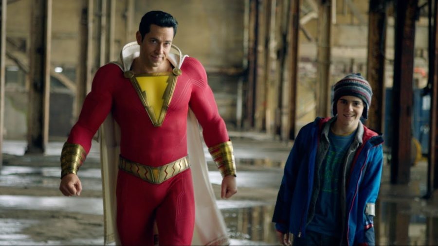Dynamic duo-- Billy Baxton aka Shazam (played by Zachary Levi) (left) and buddy Freddy Freeman (played by Jack Dylan Grazer) (right) practice using his superhero techniques. Shazam was released in theaters on April 5 and has received positive reviews.