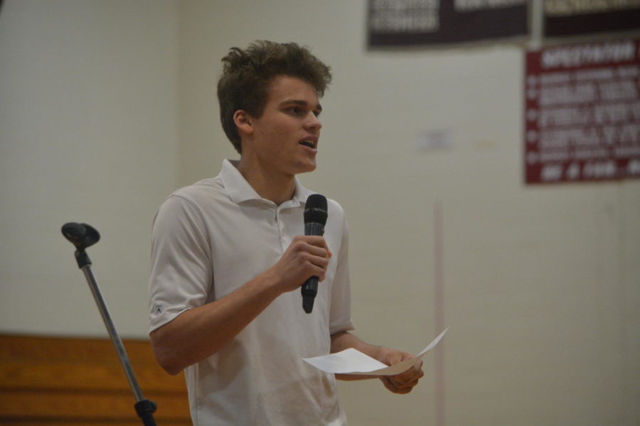 Go out and vote-- Sophomore Jacob Smith gives his election speech on May 24 to the Class of 2021. Smith was elected Class Secretary for the second consecutive year.