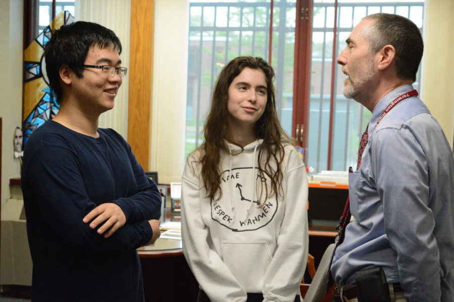 High+fliers--+Seniors+Pei+Chao+Zhuo+and+Ava+Ferrigno+speak+with+Principal+Bill+Silva+in+his+office.+On+February+22%2C+Silva+informed+the+two+students+that+they+are+respectively+the+valedictorian+and+salutatorian+of+the+Class+of+2019.