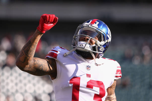 So long, folks:  Wide receiver Odell Beckham #13 of the New York Giants reacts before taking on the Philadelphia Eagles  at Lincoln Financial Field on November 25, 2018 in Philadelphia, Pennsylvania. Beckham was recently traded to the Browns.  