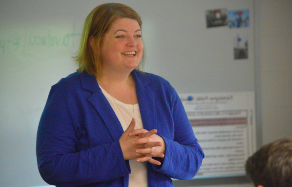 Ready to speak -- Social studies teacher Meg Monaghan debriefs with her Advanced Placement United States History (APUSH) students the day after the exam.
Monaghan was voted as the senior class graduation speaker. Graduation will take place at 6 p.m. on June 12 on the high school turf field.