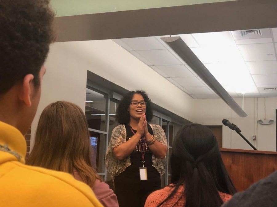 Poetry Matters--poet Darlene TruePoetry talking to students about her reasons for writing poetry during fourth period. Students were able to write their own poetry after the presentation and were given the chance to perform it. Lit Fest presentations took place in the library from November 6 through November 8.