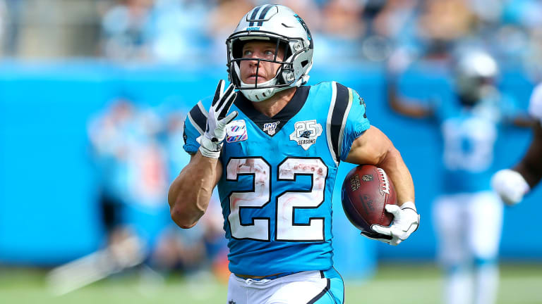 In for the touchdown-- Panthers running back Christian McCaffrey, runs down the field into the endzone for the score. McCaffrey is one of this years most impactful fantasy football players, and is an asset to any fantasy team.