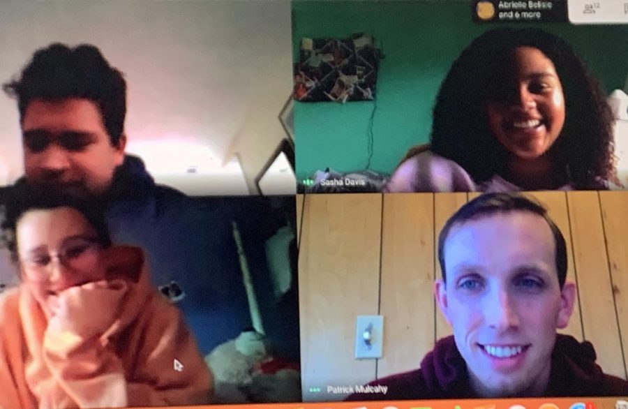 Virtual Meet-Up -- American Studies teachers Patrick Mulcahy (bottom right) and MJ Martinez meet with their students juniors Max Alvarez (top left), Sasha Davis (top right) and Olivia Espinosa (bottom left) for office hours through Google Meet. Farmington began Connected Learning practices on March 23 in response to the school closure. The school will be closed until at least April 20. 