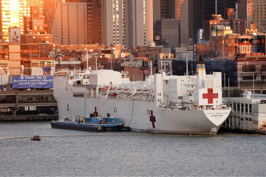 Helping hand-- The USNS Comfort docks at Pier 90 in New York City on March 30, to relieve nearby hospi-
tals. The ship is needed for extra hospital space due to the recent COVID-19 outbreak.