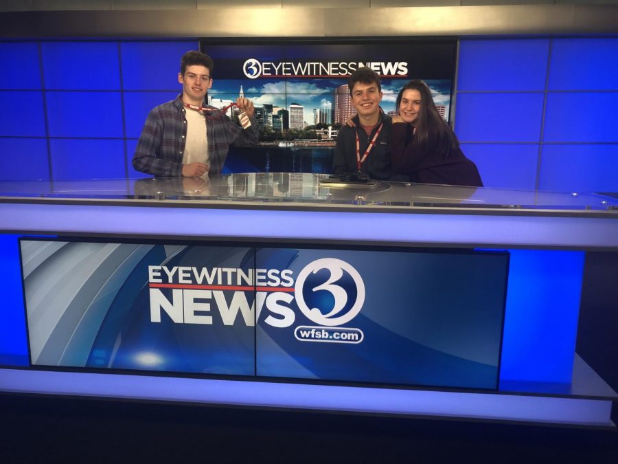 On a deadline-- (left to right) Junior Ricky Podgorski and seniors Matthew Arena and Hanny Wolkoff visit the Channel 3 news team in Rocky Hill, Connecticut, last year on a field trip. At the time of the trip, Wolkoff served as Managing Editor on staff, a position Podgorski took over this year. 