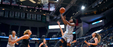 Best in Business -- The UConn women compete in a game against Trevecca college in 2019. The Huskies are
currently 14-1 and ranked first in the conference as they returned to the Big East this season.