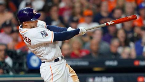 The Big Bucks -- George Springer hits a pitch during the 2019 World Series. On January 19, the three-time Allstar, two-time Silver Slugger Award winner and 2017 World Series MVP, signed a contract with the Toronto Blue
Jays for $150 million dollars over six years.