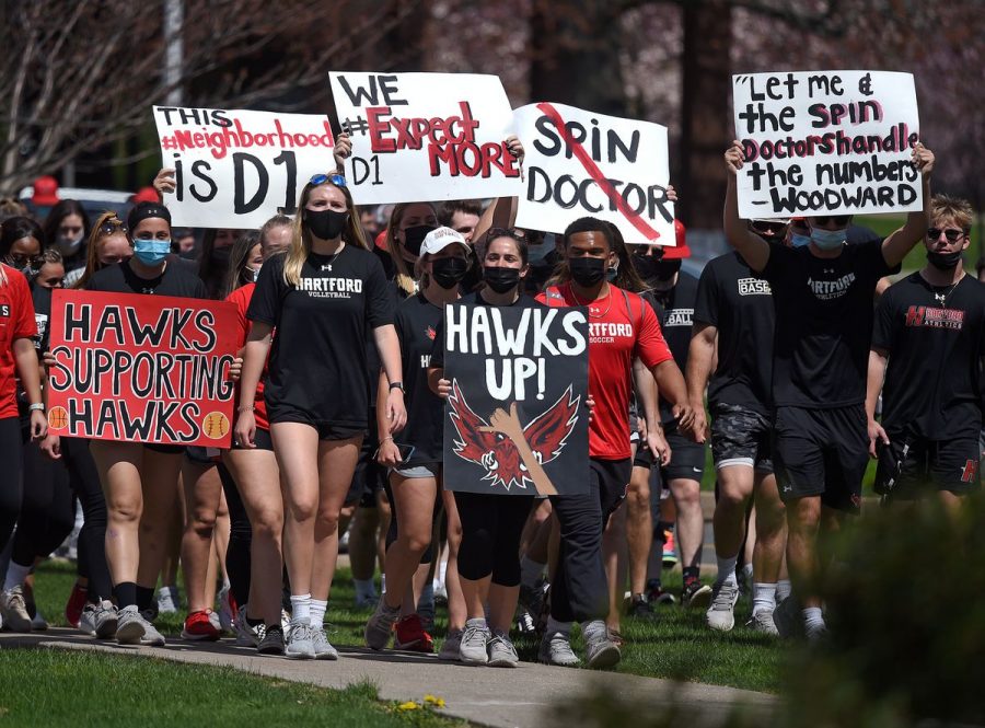 A disappointing Division decision -- University of Hartford students and athletes march with signs expressing their disapproval of the schools decision to move to the NCAA Division III. The school announced their decision in May 2021 but will not file their intent until January of 2022. 
