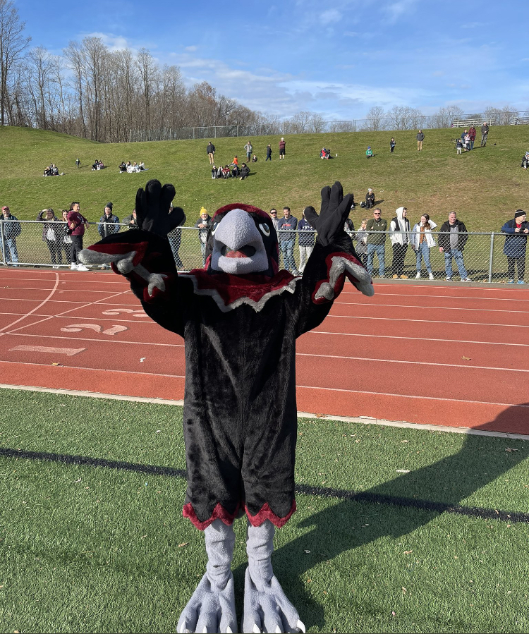 Wings up -- The River Hawk mascot signals a touchdown for the football team. The suit is worn by students who volunteer to attend events and encourage their peers to have school spirit. 