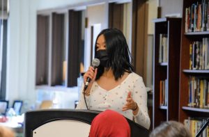 Here I stand -- Senior Jennifer Liao speaks during a Social Justice Week presentation. Liao will deliver a speech as salutatorian during graduation on June 14. 