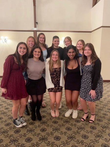 One final farewell--FHS field hockey seniors (from left to right -back row to front row- Reagan Olivastro, Emma Watson, Anna Loughman, Emily White, Lila Manton, Thea Flurry, Abby Ochino, Courtney Meeker, Shivani Anbazhagan and Lindsay Hillemeir) celebrate their departure from the sport. An end of season banquet was held on November 13 at Farmington Gardens.