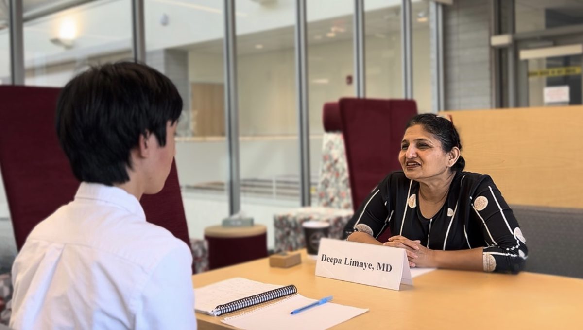 Making connections! – (Pictured) A Capstone student meeting with a local professional in the medical field. Farmington High School hosted its Capstone Networking Event on September 26, where students shared their project ideas, received feedback, and built connections with professionals in the community.
